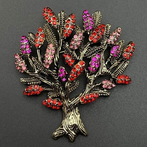 Yellow Gold with Ruby and Pink Sapphire Crystal Blooming Tree Pin Back Brooch - Picture 1 of 9